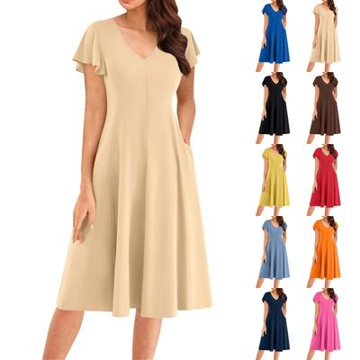 Women's Summer Fashion V-Neck Ruffle Sleeve Retro Elegant Midi Dress