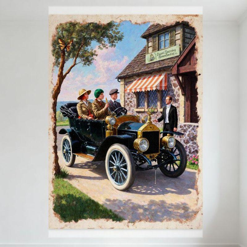 Vintage 1920s Ford Model T Automobile with Passengers Metal Tin Sign - General Store Scene for Home Bar Restaurant Man Cave Deco