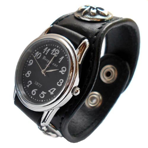 Men's Leather Bracelet Watch with Lily Concho and Black Face