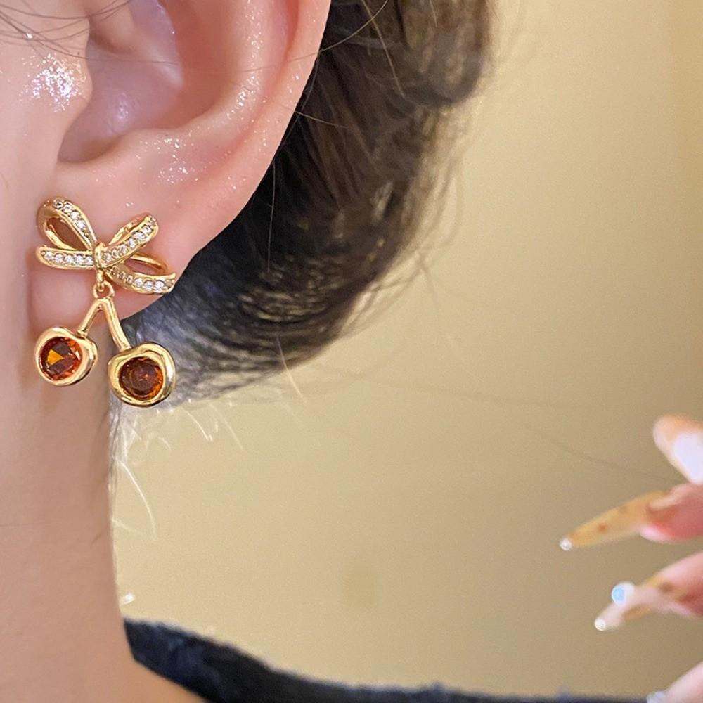 Fruit Bow Cherry Earrings Copper Retro Fruit Earrings High-end Bow Drop Earrings Women