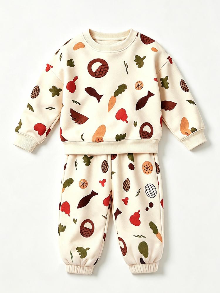 Warm Fleece Lined Baby Clothes Set Cute Round Neck Sweatshirt + Pant Kids Boy Girl Clothing