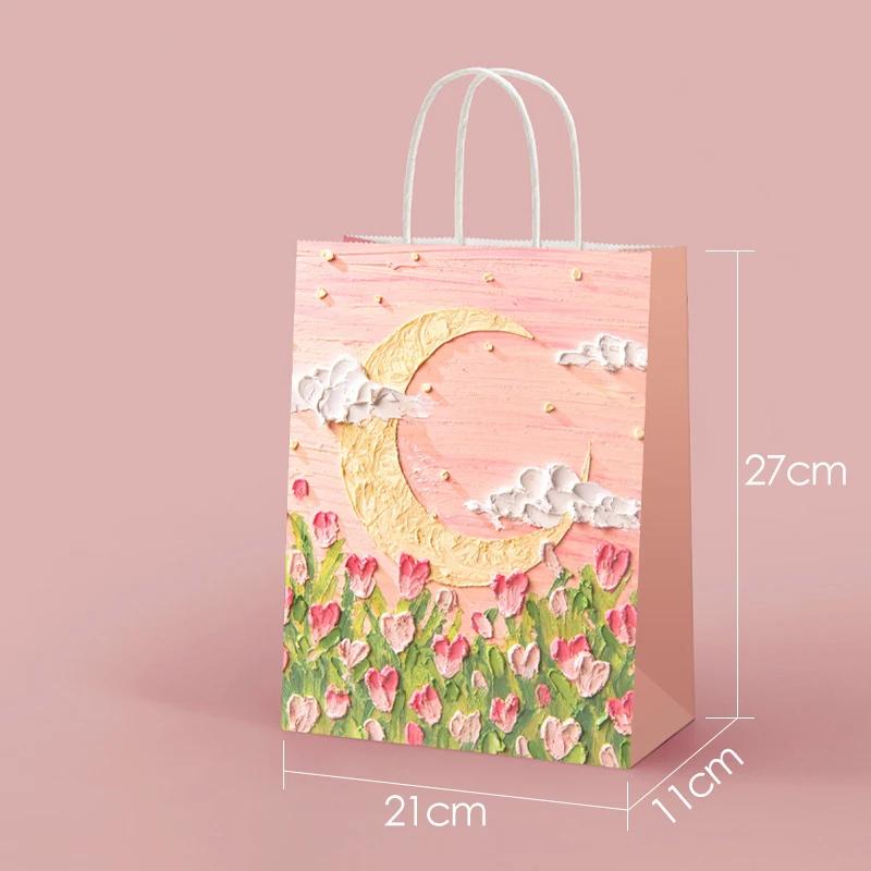 

40pcs Creative Oil Painting Style Tote Gift Bags 2025 New Year Gift Bags for Students Gift Kraft Accompaniment Bags 21x27x11cm