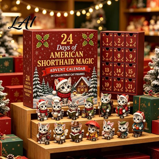 Desktop Decorative Advent Calendar Days Christmas Figurines 24 with Acrylic Cat Figurines, Countdown Small