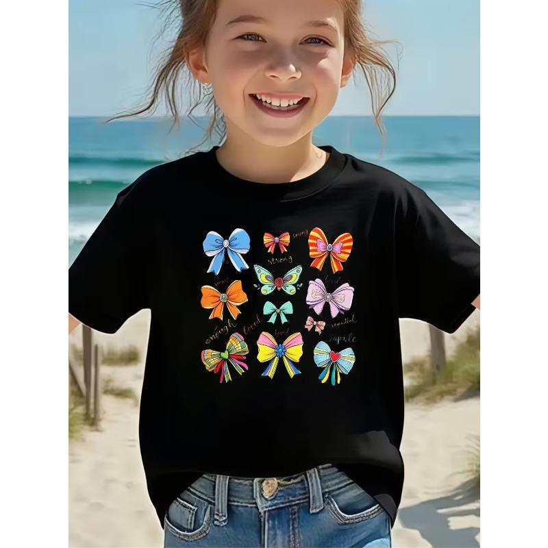 Girls Crew Neck Short Sleeve T-Shirt with Colorful Bows & Butterflies Print