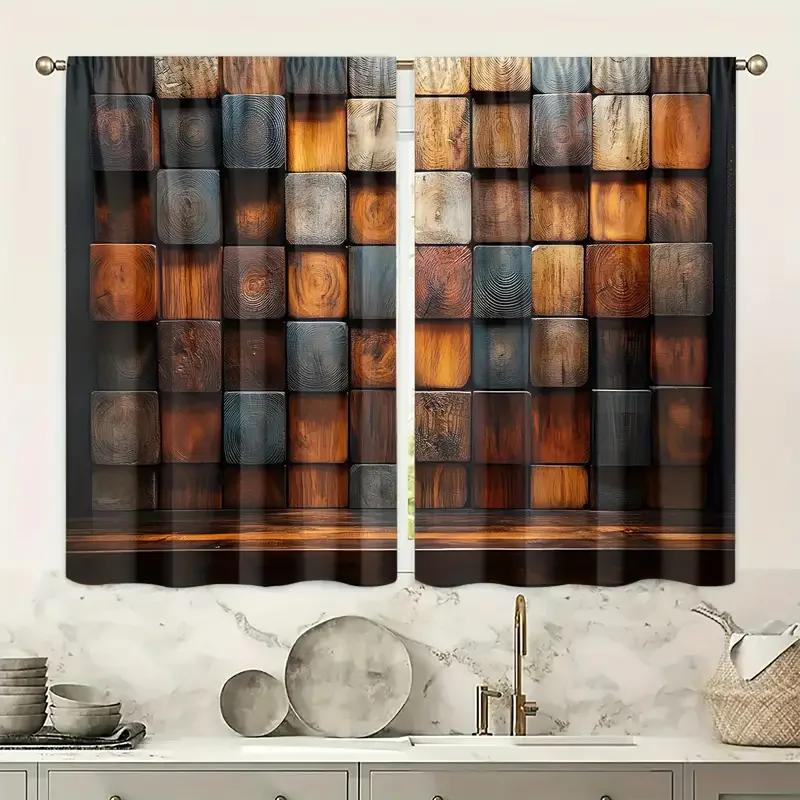 Set Of 2 Multi Textured Block Patchwork Printed Curtains Pole Bag Home Decoration Room Made Polyester