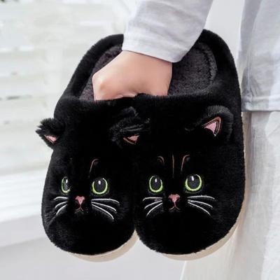 Cute Cartoon Cat Slippers Fluffy Home Thick Platform Slippers Women Men Winter Warm Plush Slides Indoor Lovely Cotton Shoes