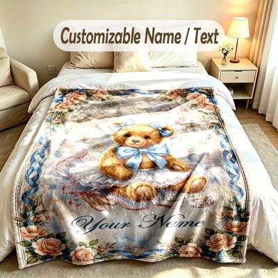 Teddy Bear Theme Custom Blanket Personalized Name & Text Customized Soft Warm Throw Blanket Home Decor