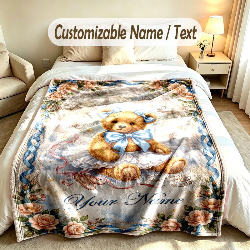 Teddy Bear Theme Custom Blanket Personalized Name & Text Customized Soft Warm Throw Blanket Home Decor