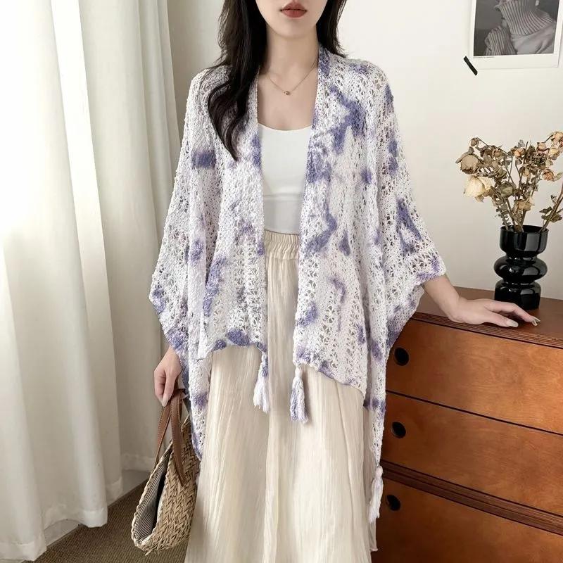 

WTEMPO Retro Hollow-out Tie Dye Holiday Shawl Knitted Tassel Cardigan Cape Women s Thin Style Spring and Autumn Skirt Lace Ethnic Cover Shirt one size*1pc фіолетовий
