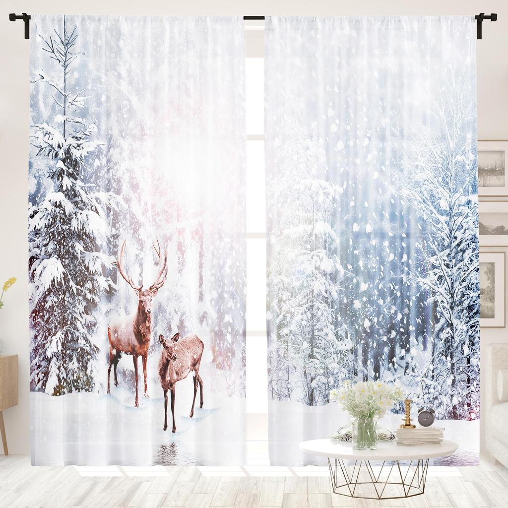 2 Pieces, Reindeer Curtains In Winter Forest Snow -30% Blackout - Suitable for Living Room, Bedroom, Kitchen, Home Decoration