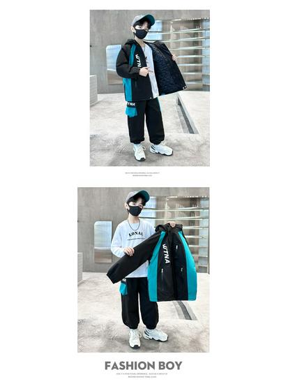 Chłopięcy zimowy zestaw polarowy 2025: Gruby dwuczęściowy komplet z bawełnianym wypełnieniem dla starszych dzieci