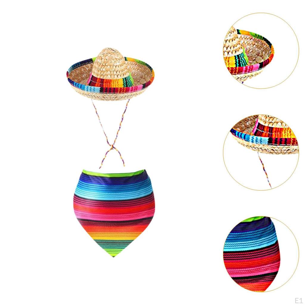 Sombrero for Dogs, Straw Hat, Mexican Bandana, Funny Cute Photo Props Costume, Pet Triangle Bib