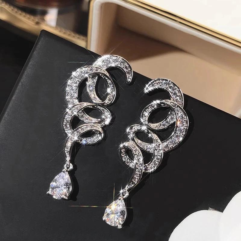 Huitan Trendy Waved Design Long Hanging Earrings for Women Luxury Silver Color CZ Crystal Dangle Earrings Wedding Party Jewelry