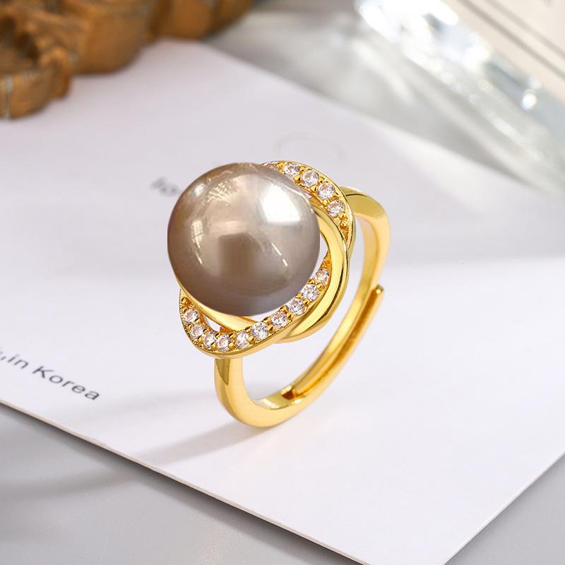 

Открытое регулируемое кольцо с 14-миллиметровым золотым, белым, шампанским и фиолетовым жемчугом из ракушек и цирконами для женщин Adjustable Open