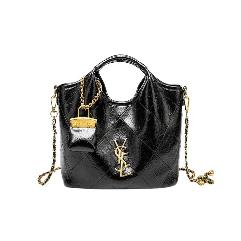 Black Argyle Basket Single Shoulder Handbag - High-End Retro Soft Leather Crossbody Bag for Women