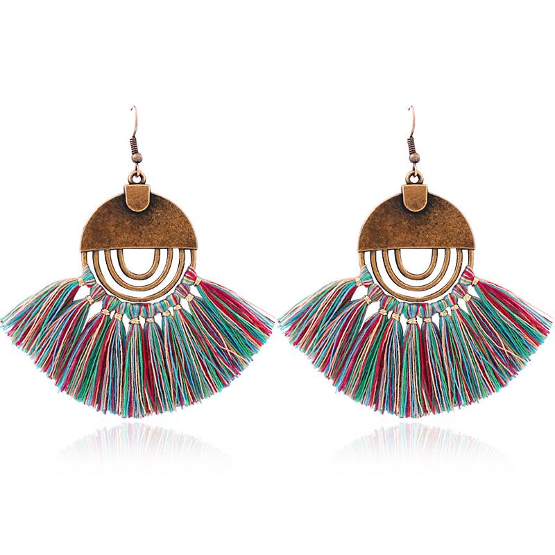 Retro Ethnic Bronze Fan-Shaped Tassel Dangle Stud Earrings