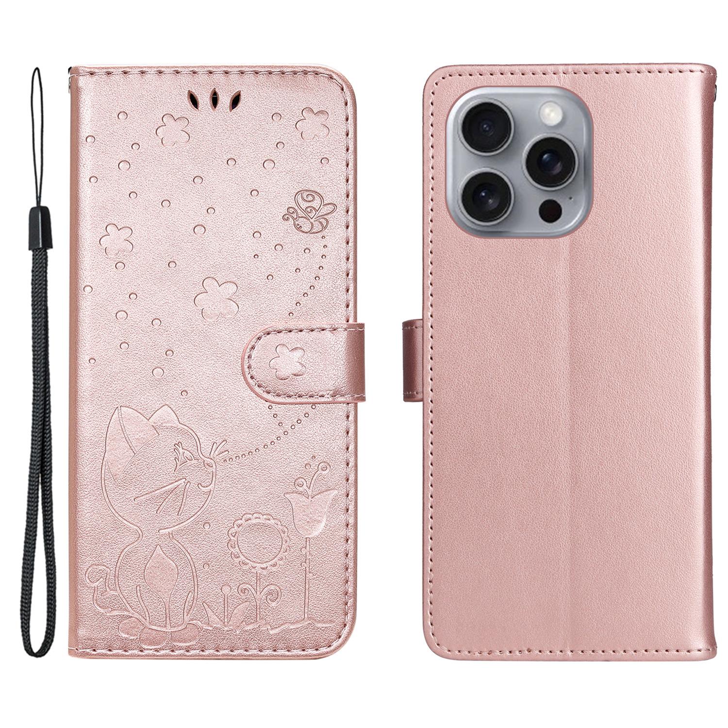 

For iPhone 16 Pro Max Leather Case Cat Bee Pattern Phone Cover Wallet Stand with Strap Rose Gold