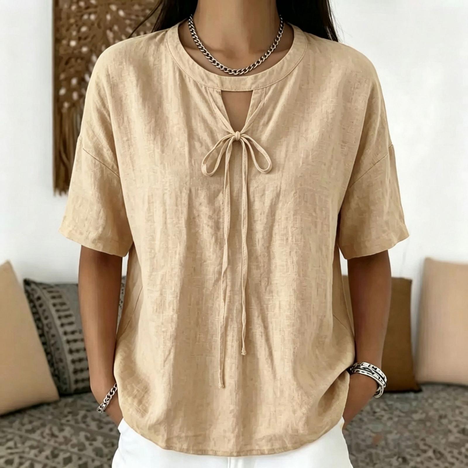 Women s Linen Tie Neck Short Sleeve V Neck Loose Fit Casual Solid Color Top Lightweight Breathable Summer Shirt L бежевый