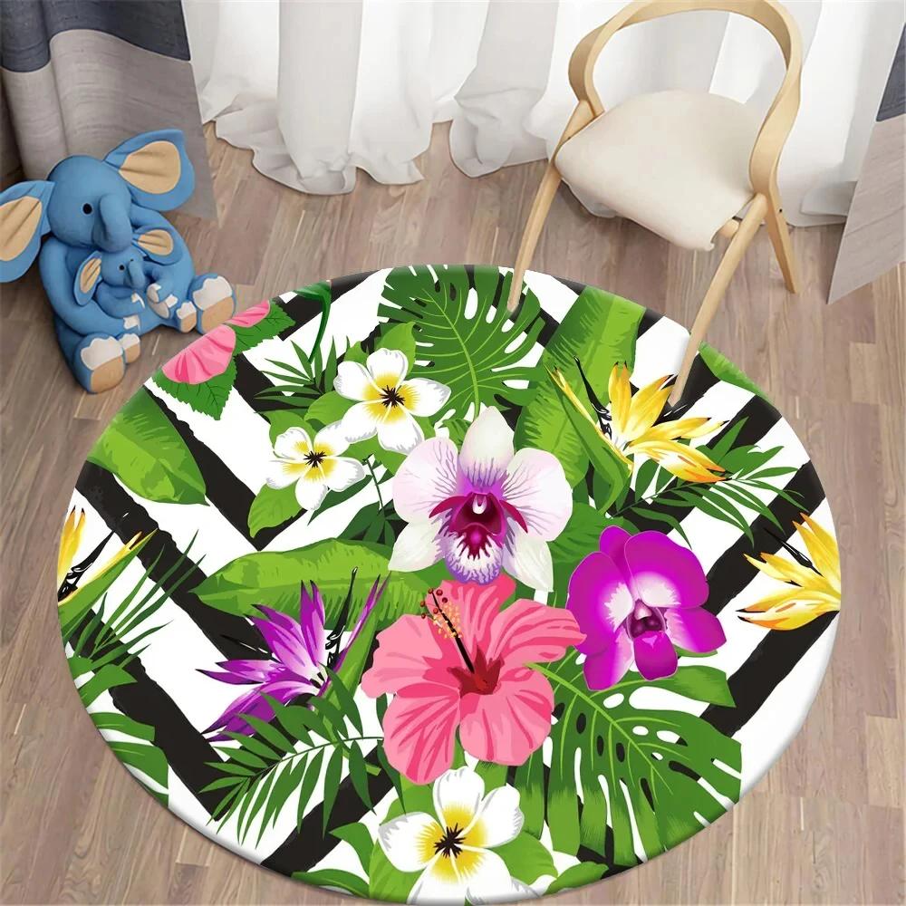 Hawaiian Tropical Leaves Round Carpet Living Room Chair Floor Mat Non-Slip Area Rug for Balcony Table Bedside Sofa Home Decor