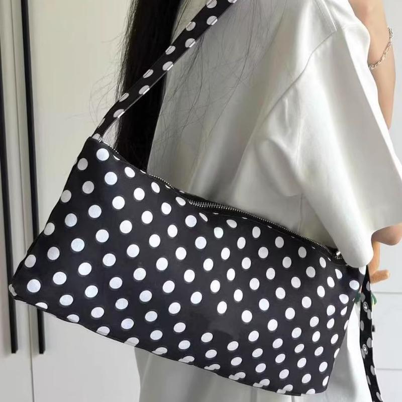 A Simple, Fully Printed Black and White Polka Dot Rectangular Adjustable Commuter Single-shoulder Bag with A Small Handbag