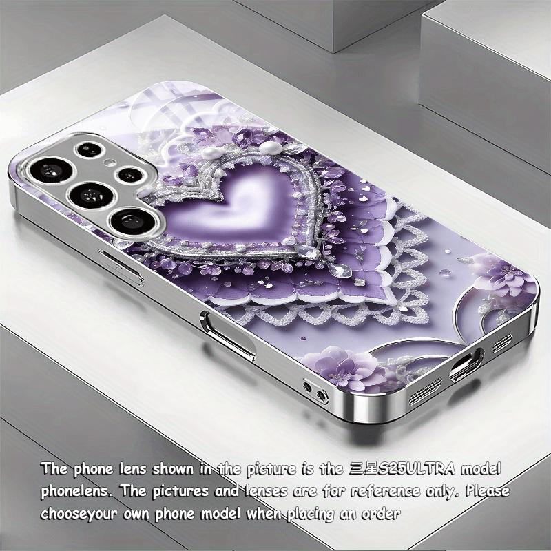 Gold-plated tempered glass phone case, compatible Galaxy S26 S25 S24 S23 S22 Ultra Plus. Purple lace heart design.