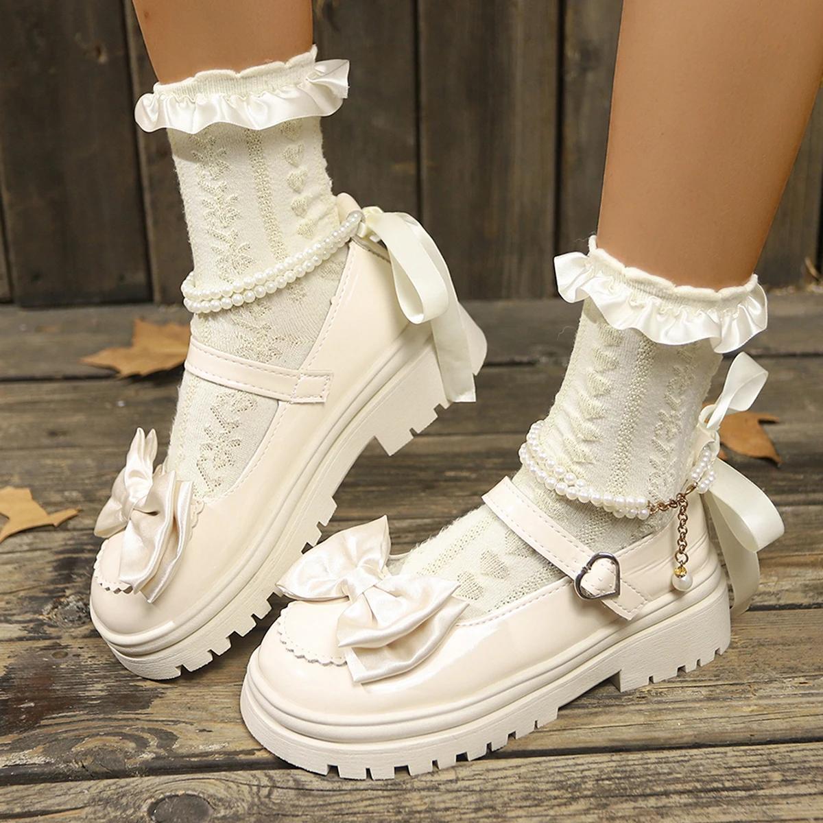 

Женская обувь Лолита Новые туфли Мэри Джейн с жемчужной цепочкой Женская модная универсальная уличная обувь на платформе и каблуке для женщин 35 бежевый