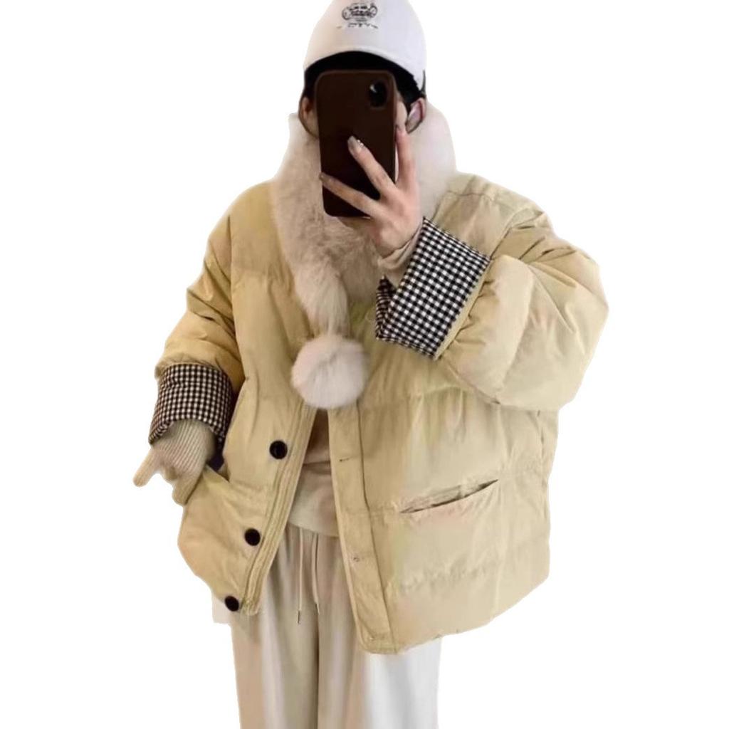 South Korea Dongdaemun short down cotton clothes women's plaid contrasting colors high-end small scarf fur collar jacket