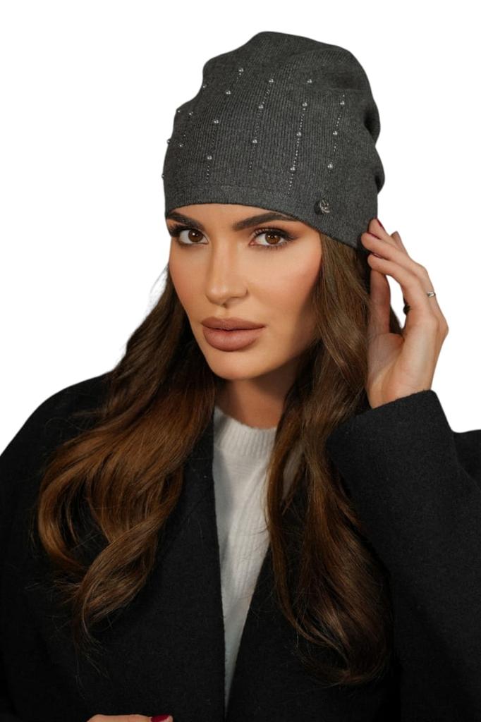 Women' Cap with Pearl Decoration, Graphite Color, Kamea - Altair