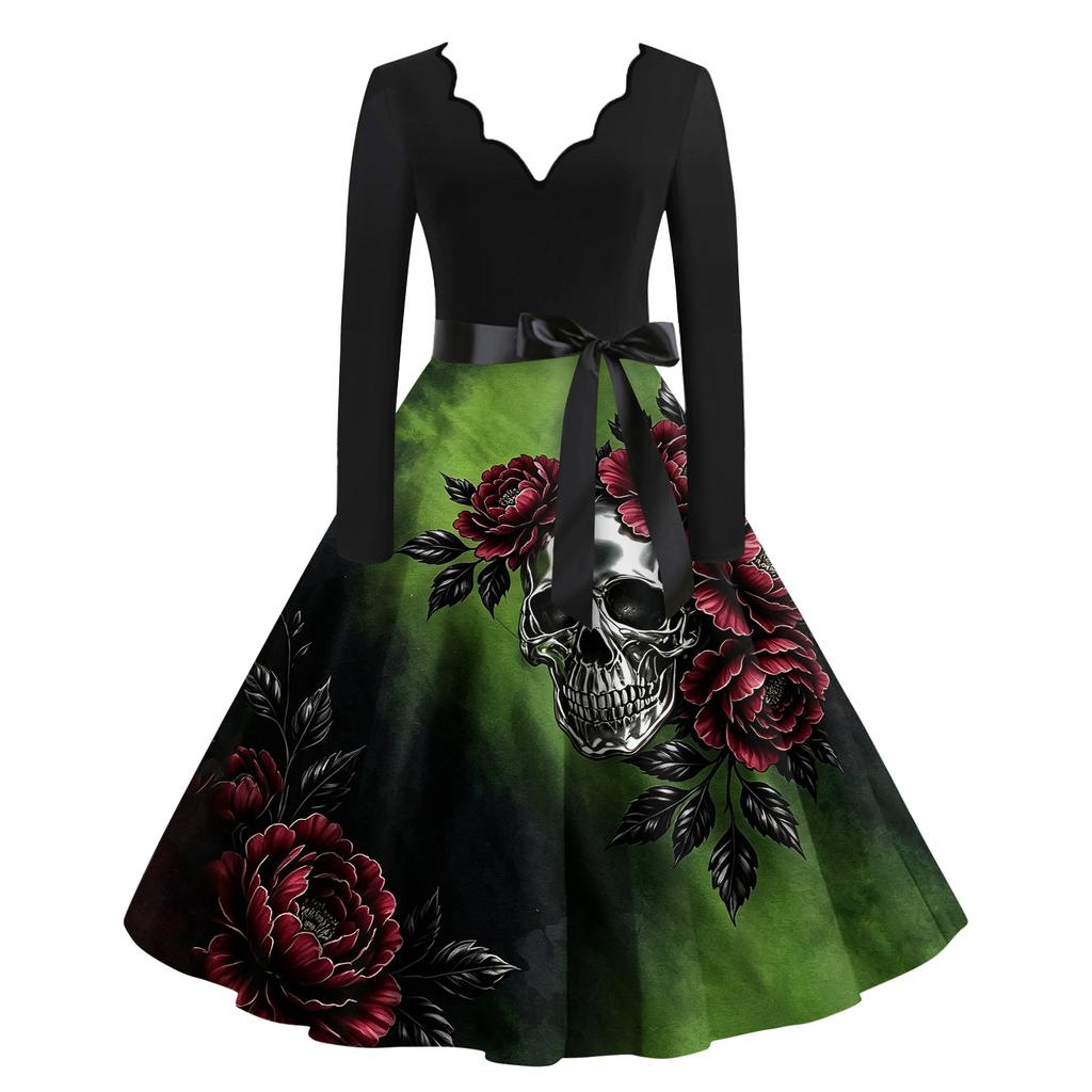 Abito Casual da Donna con Scollo a V e Maniche Lunghe con Stampa Vintage per Outfit da Festa Retro di Halloween