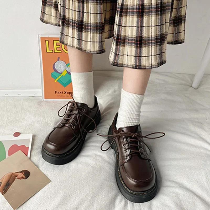 Scarpe da Donna Classiche Nere Marroni Piccole Scarpe in Pelle con Lacci Scarpe Oxford su Plateau Punta Tonda Scarpa Casual in Pelle Zapatos Mujer