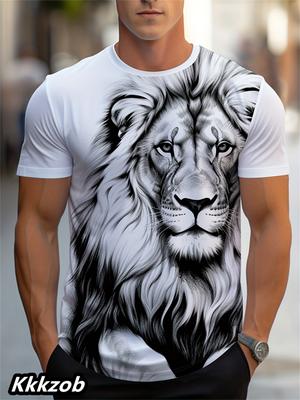 T-shirt à manches courtes et col rond pour homme, imprimé lion en 3D pour l'été, doux et respirant, décontracté et confortable, adapté aux sports de plein air.