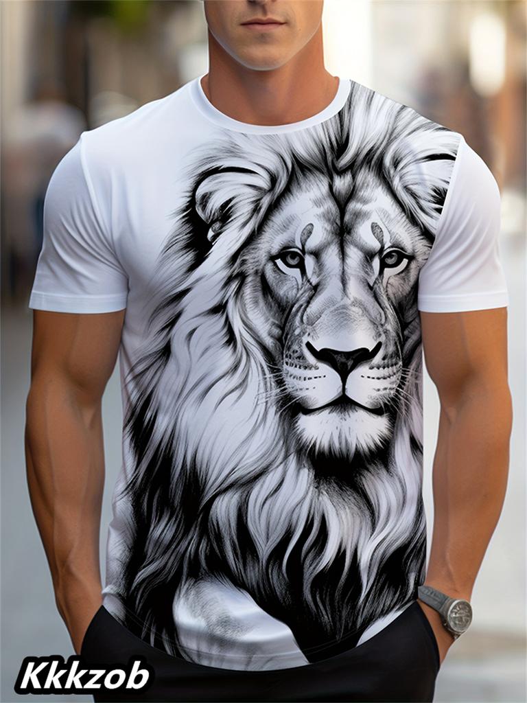 Men's 3D Printed Lion Short-sleeved Crew Neck T-shirt for Summer, Soft and Breathable, Casual and Comfortable, Suitable for Outdoor Sports.