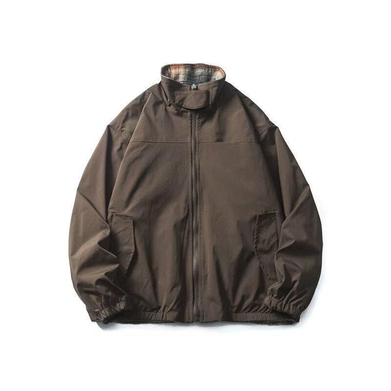 Dwustronna Brązowa Kratka Retro Kurtka Baseballówka dla Mężczyzn