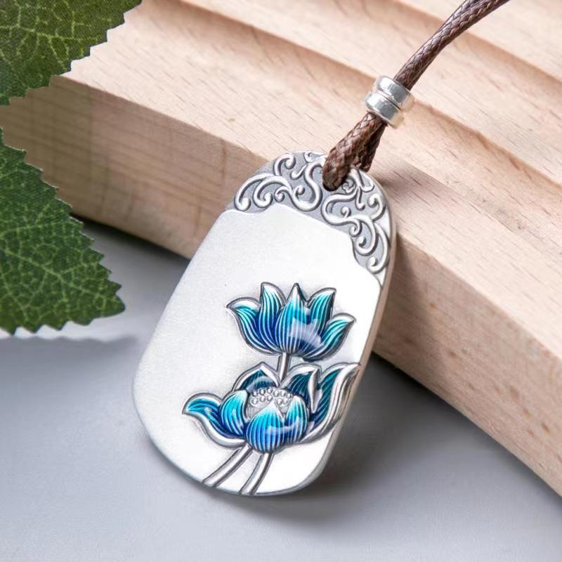 S999 Silver Ethnic Cloisonné Pendant with Auspicious Cloud, Lotus, and Koi Design