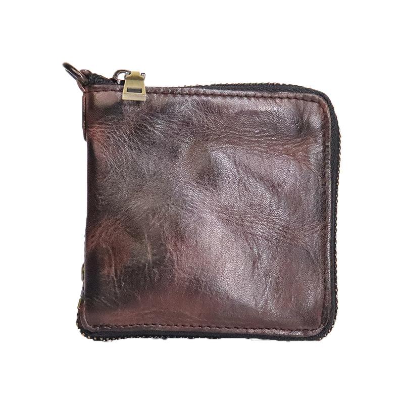 Portafoglio Fatto a Mano in Vera Pelle, Stile Corto Retrò, Vacchetta Lavata conciata al Vegetale, Portafoglio da Uomo alla Moda Personalizzato, Zip, Ampio Portabanconote