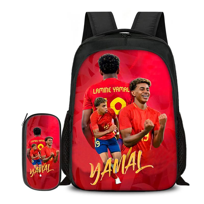 2-delige Set Boekentas Etui Schooltassen L-Lamin Yamal Kinderen School Dubbellaags Rugzak Voetbalster Voetbal Sport Mochila