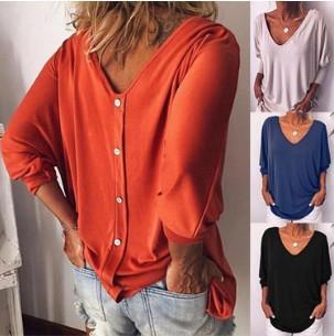 women's Loose Batwing 3/4 Sleeve V Neck Button Decor Casual Tunic Top Oversized Blouse