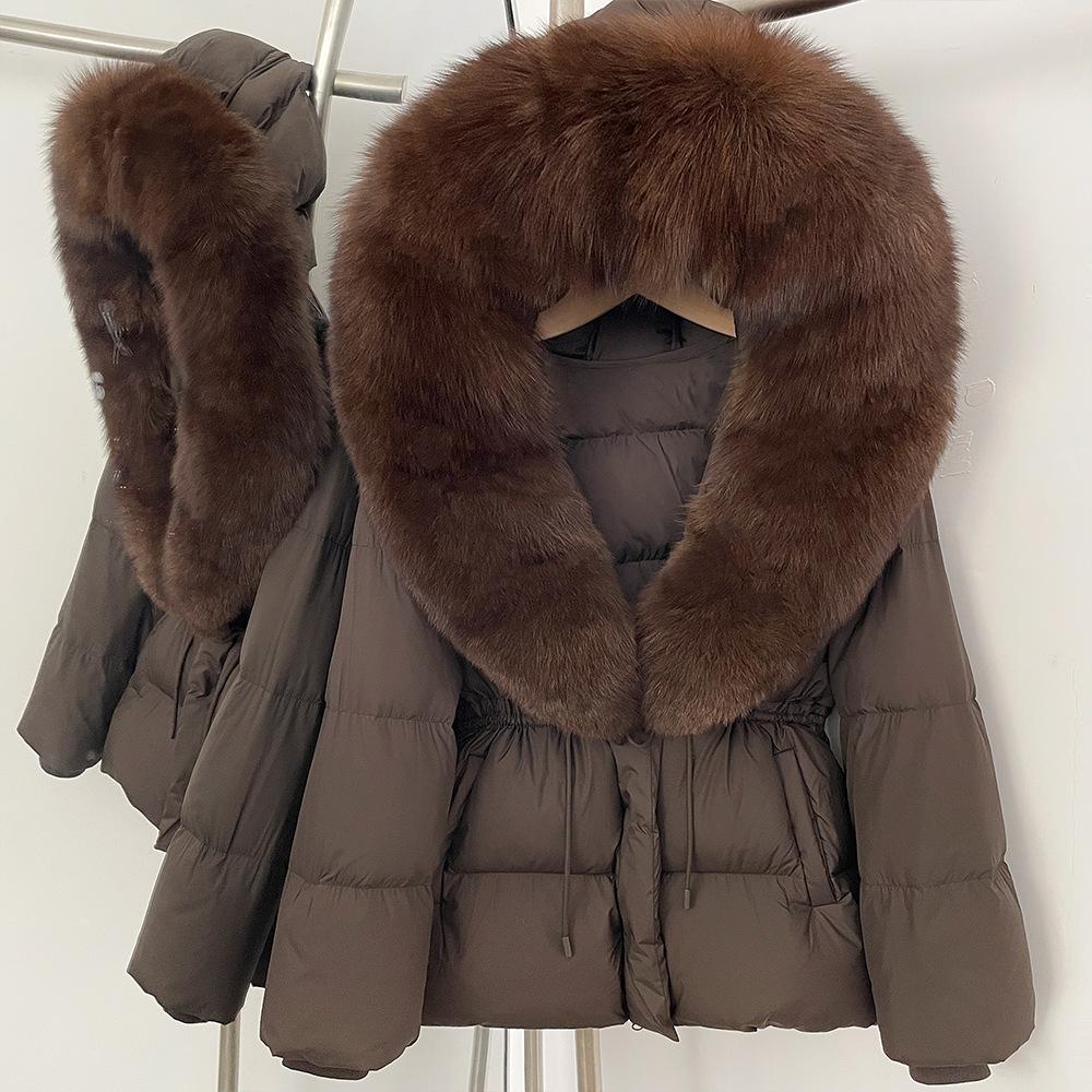 Removable oversized fox fur collar women's short down jacket women's winter new hooded waist and thin fur jacket
