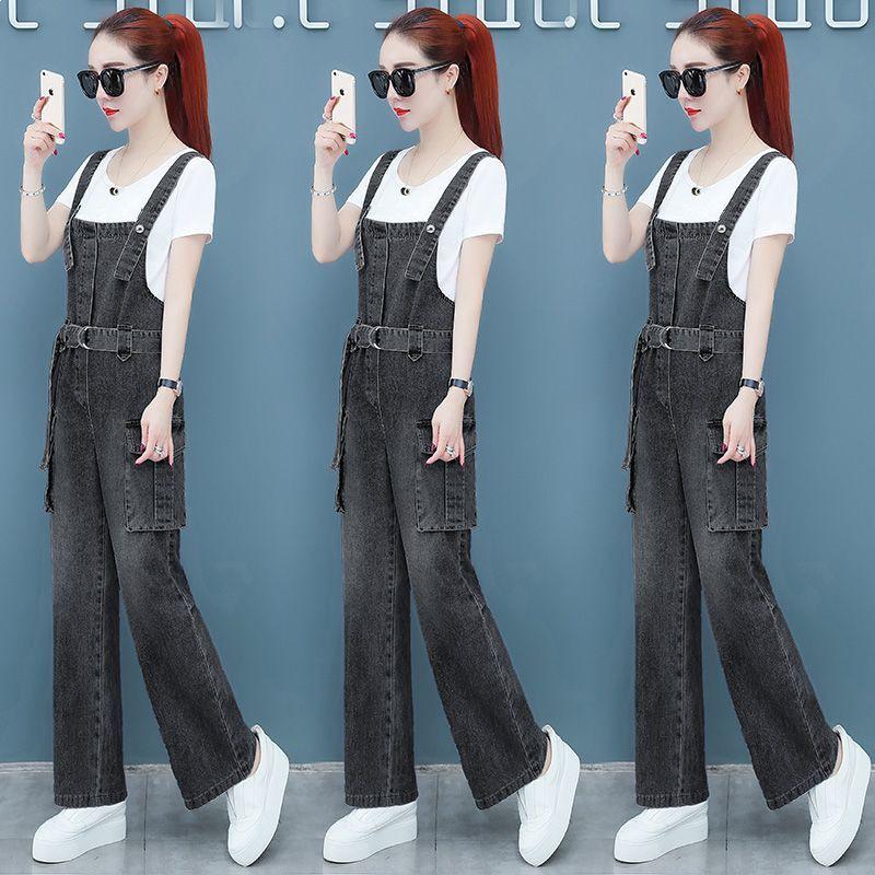Women's 2026 Spring/Autumn Wide-Leg Denim Overalls & Pants Set
