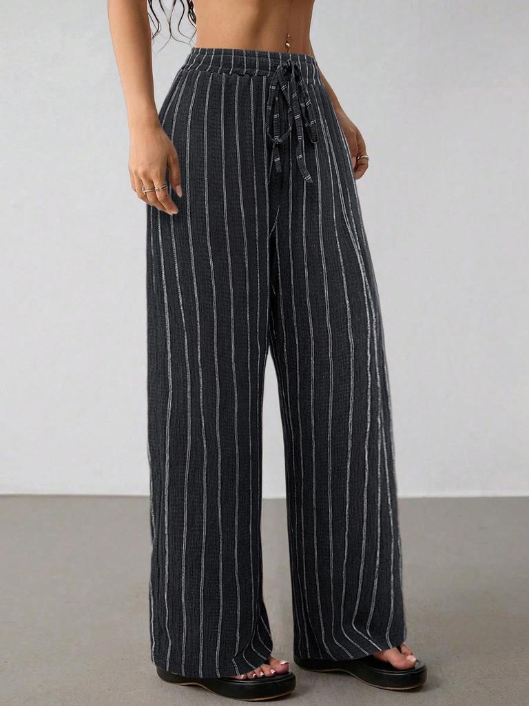 Women Striped Drawstring Waist Wide Leg Pants Loose Fit Casual Trousers
