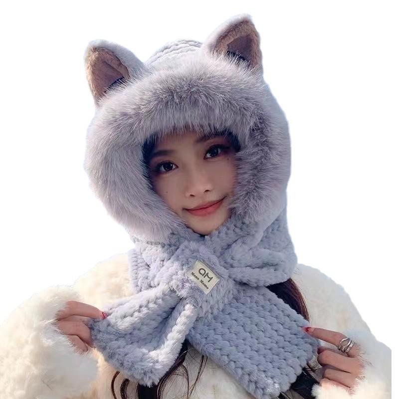 Thickened hairy hat women's winter ears plush hat scarf integrated cute little fox cold warm hat