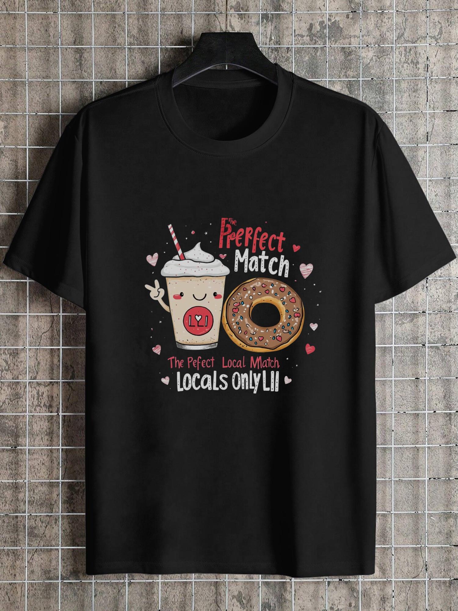 

1pc Casual Graphic T-shirt - 180g Cotton Crew Neck Short Sleeve Tee with Playful Milkshake & Donut Design XL