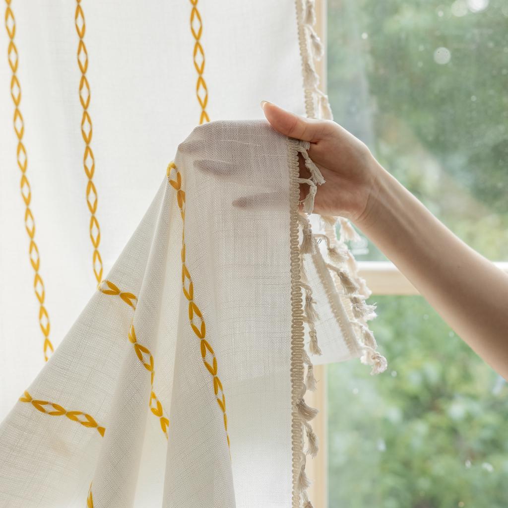 Embroidered Stripes White Partition Bedroom Decoration Bohemian Semi-Blackout Finished Curtains