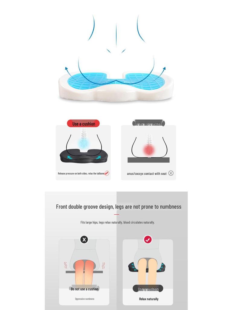 Breathable Gel Memory Foam U-Shaped Office Chair Cushion for Long-Term Sitting