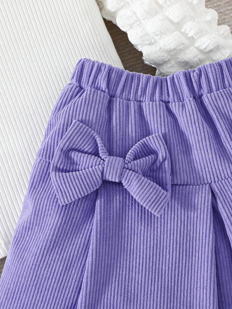Girls' Bubble Sleeve Top & Bow Skirt 2Pcs Outfit