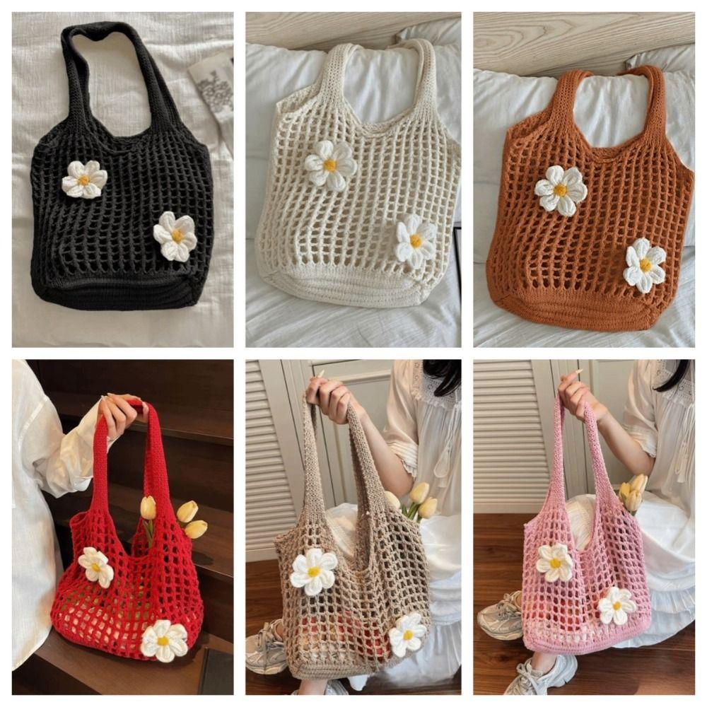 Retro Flower Knitted Tote Bag Large Capacity Woolen Crochet Handbag Eco-Friendly Lightweight Hollow Shoulder Bag Summer