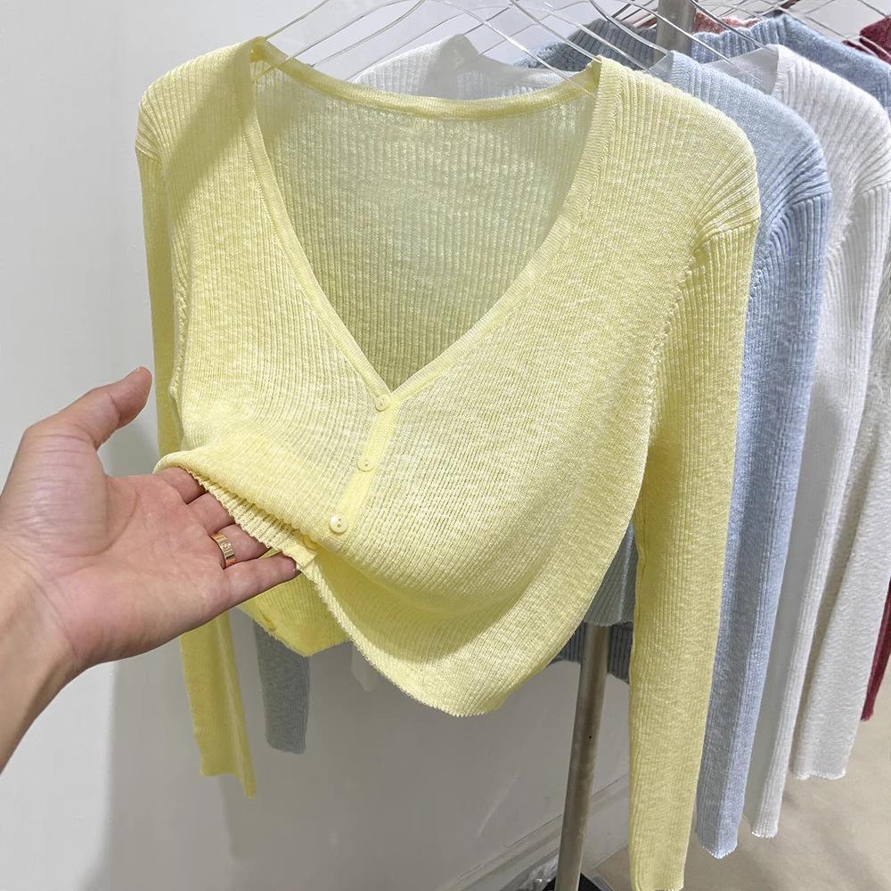 Women's V Neck Long Sleeve Slim Fit Knit Cardigan Single Breasted Short Knit Top