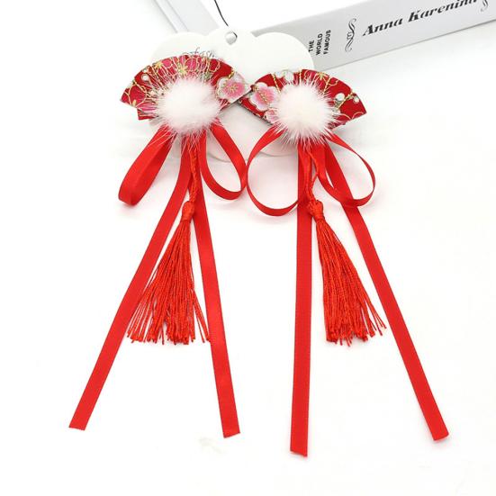 1Pair Chinese Style Kid Girl Pompom Fan Tassel Hairpins Hair Clips Accessories