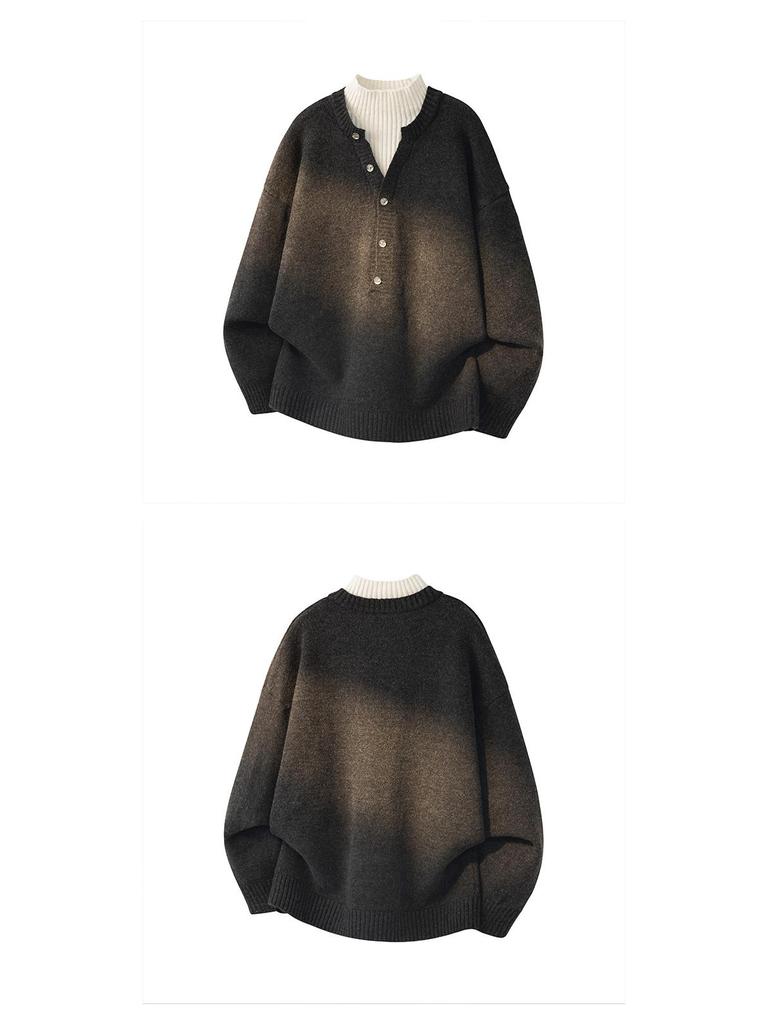 Men's Gray Korean-Style V-Neck Knitwear: Light Luxury, Fake Two-Piece Buttoned High Neck Long Sleeve Sweater Pullover.