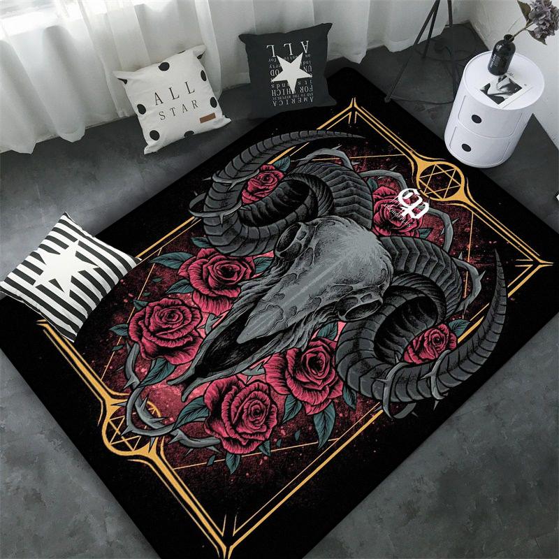 Schädel Baphomet Ziegen Dämon Raserei Bereichsteppich Blutrot-Baphomet Teppich-Baphomet Dekor-Satanische Matte-Satanische Heimdekoration